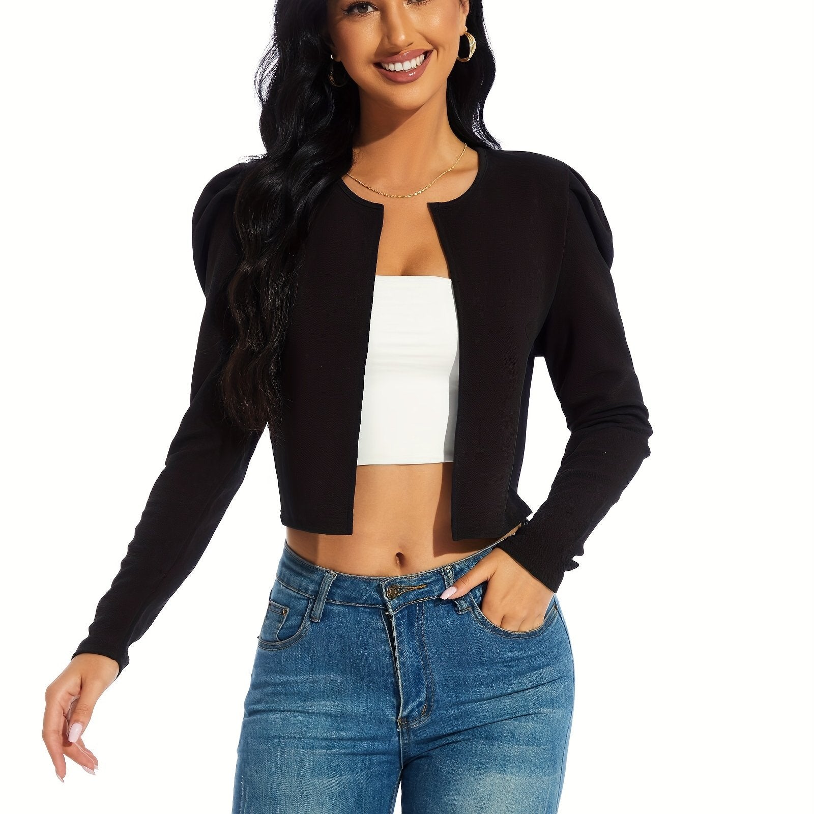 Gigot Sleeve Open Front Crop Jacket, Solid Casual Short Jacket, Women's Clothing NovaCart