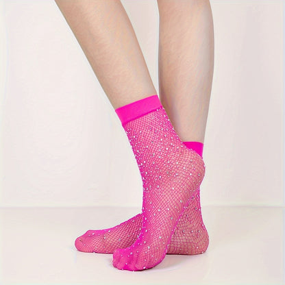 A Pair of Mid-calf Socks with Small Mesh and Rhinestone Decoration NovaCart