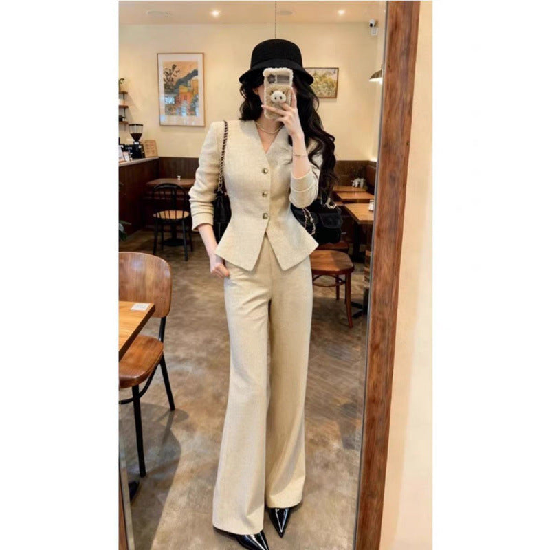 Waist-Grabbing Beige Coat and Wide Leg Pants Set FitiqueFit