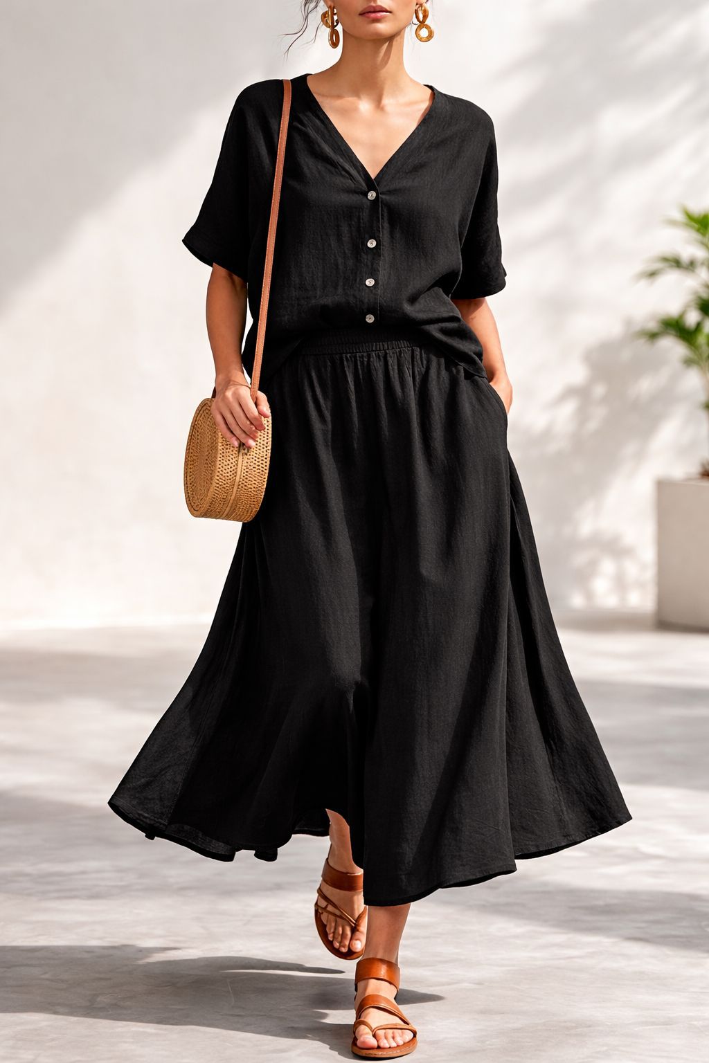 Women's Cotton-Linen V-Neck Button-Up Top & Long Skirt Set FitiqueFit