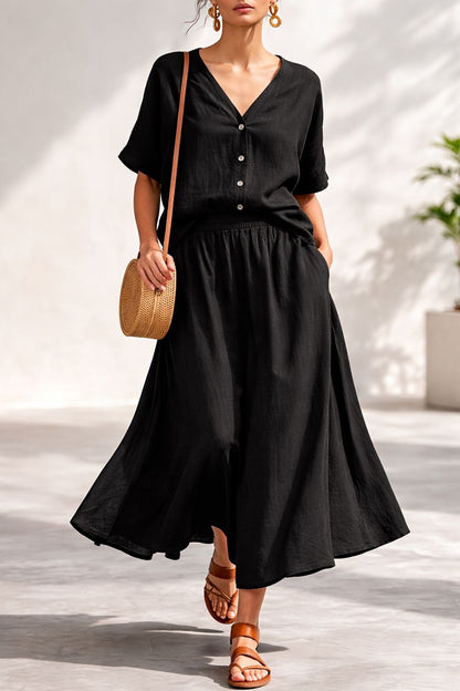 Women's Cotton-Linen V-Neck Button-Up Top & Long Skirt Set FitiqueFit