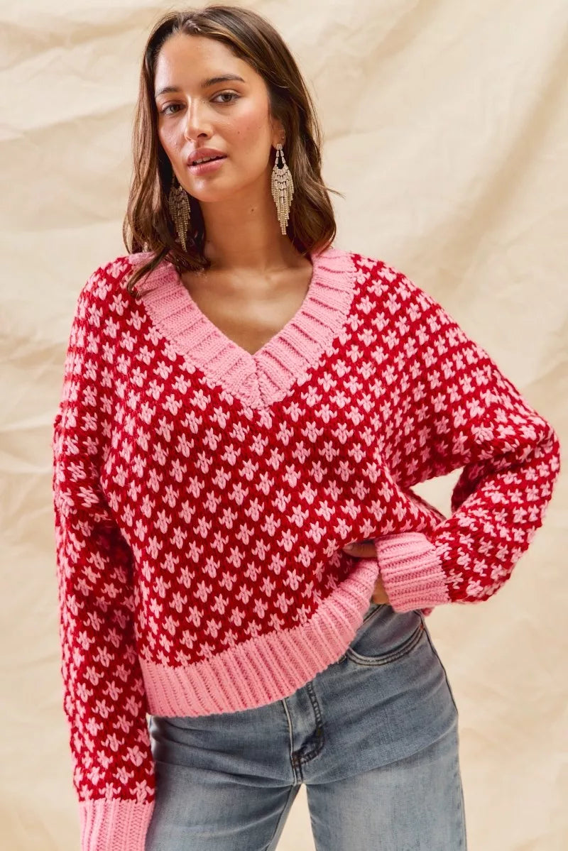 SO ME Color Block Textured Christmas Sweater V Neck Top FitiqueFit