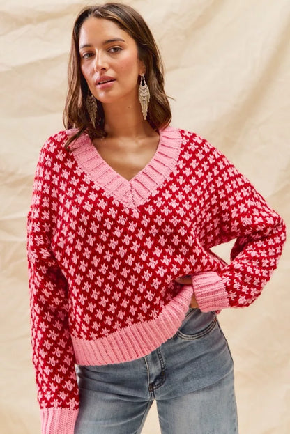 SO ME Color Block Textured Christmas Sweater V Neck Top FitiqueFit