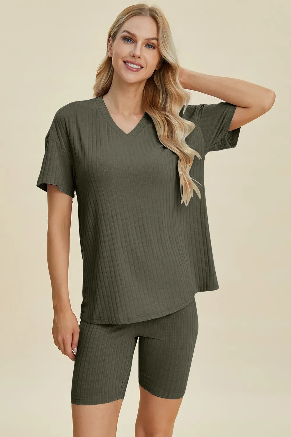 Basic Bae Full Size Ribbed V-Neck Short Sleeve Top and Shorts Set New Era Fashion LLc