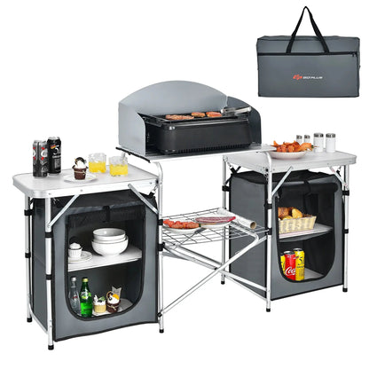 Ultimate Folding Portable Aluminum Camping Grill Table with Storage Organizer and Windscreen in Grey