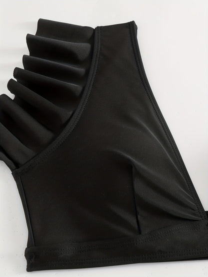 Bikini Black Solid Color Ruffle V Neck 2 Piece Swimsuit for Women – High Waisted Flattering Bikini Set with Lettuce Trim Bottoms – Sleek Stretchy Fabric Swimwear for Beach Days Poolside Style and Summer Vacation Looks Stevvex