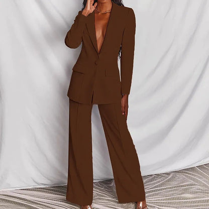 Lapel Button-Down Blazer & Straight-Leg Trousers Suit FitiqueFit