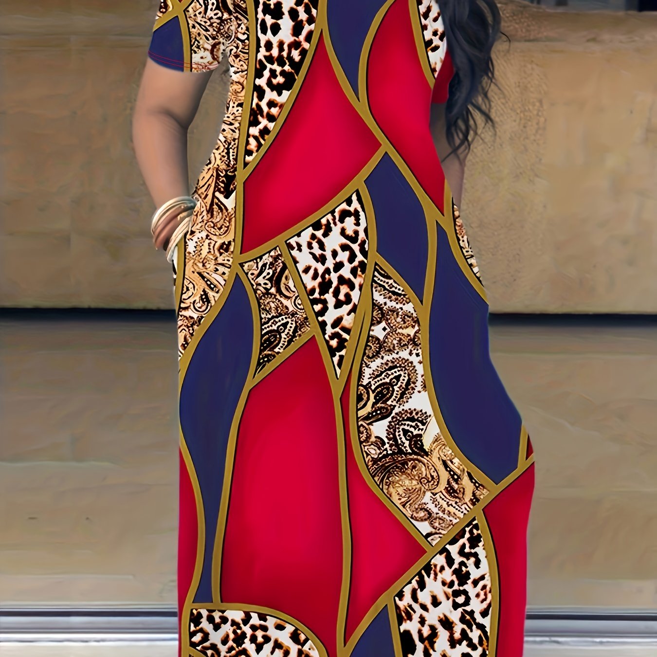 Plus Size Maxi Dress with Pocket, Women's Plus Tie Dye Print Short Sleeve Elegant Medium Stretch Long Dress NovaCart