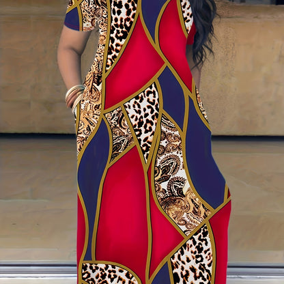 Plus Size Maxi Dress with Pocket, Women's Plus Tie Dye Print Short Sleeve Elegant Medium Stretch Long Dress NovaCart