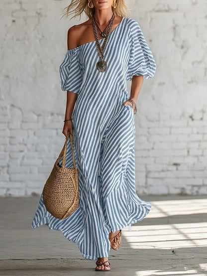 Women's Striped Off-Shoulder Elegant Midi Dress FitiqueFit