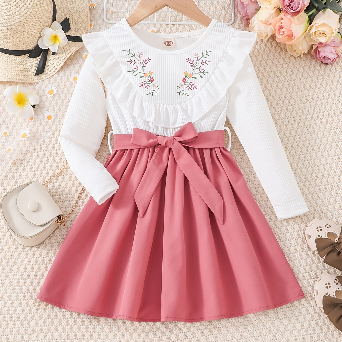 Girls' Elegant Floral Print Long Sleeve Dress with Ruffled Hem & Waist Tie - Knee-Length A-Line Skirt, Round Neck, Non-Stretch Fabric, All-Season Casual to Formal Outfits NovaCart