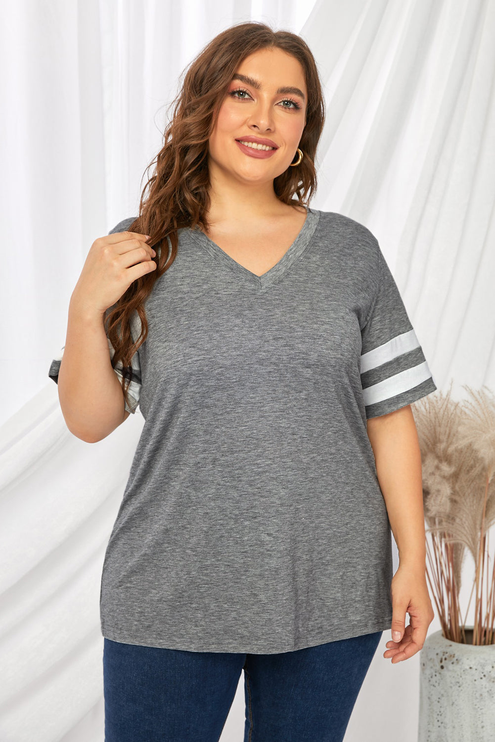 Plus Size Striped V-Neck Tee Shirt See size chart under “more details” The Fashion Celestial
