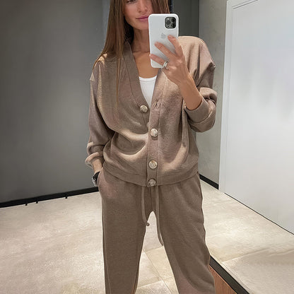 Casual Knit Cardigan With Pocket & Drawstring Lounge Pants FitiqueFit