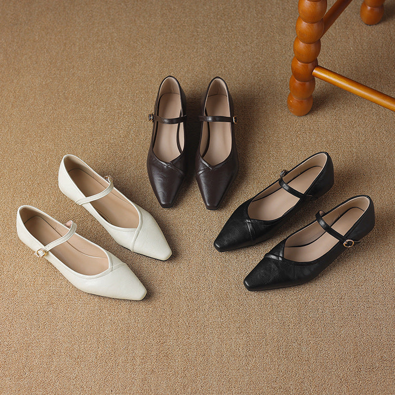 Women's Pointed Toe Low Square Heel Buckle Flats – Floral Detail Dress Shoes FitiqueFit
