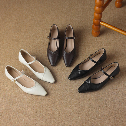 Women's Pointed Toe Low Square Heel Buckle Flats – Floral Detail Dress Shoes FitiqueFit
