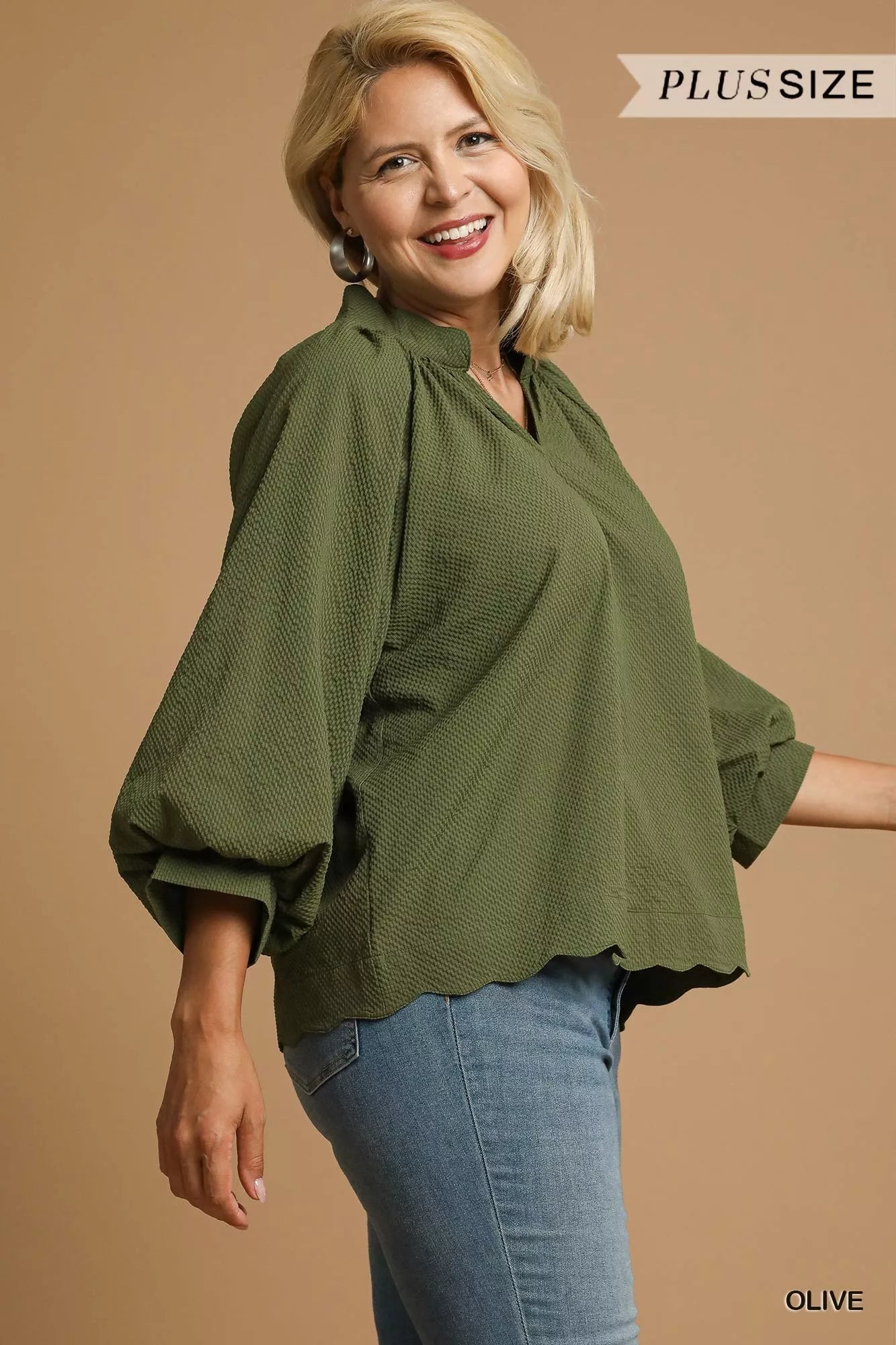 Umgee Full Size Textured Notched Balloon Sleeve Blouse Plus Size Garden Naked Curves