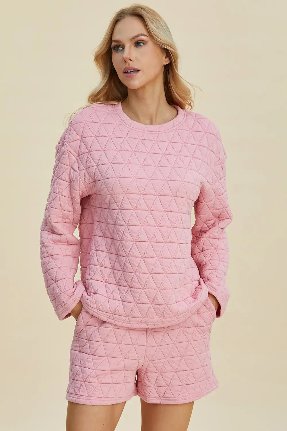 Double Take Full Size Texture Round Neck Long Sleeve Top and Shorts Set West2East Surf