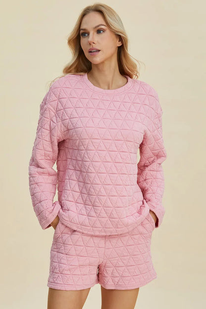 Double Take Full Size Texture Round Neck Long Sleeve Top and Shorts Set West2East Surf