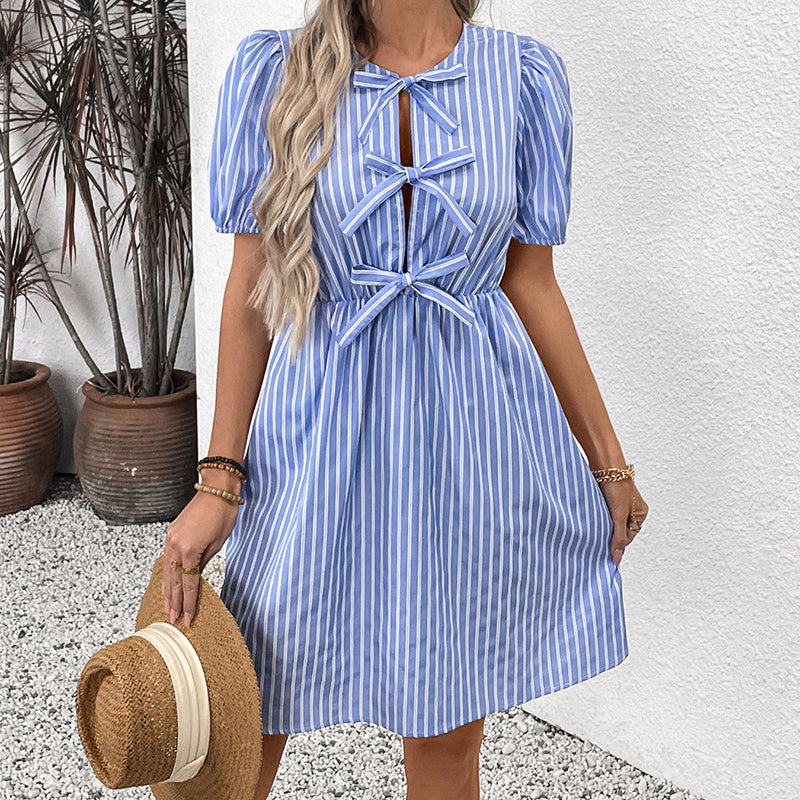 Women’s Striped Tie-Front Puff Sleeve Mini Dress FitiqueFit