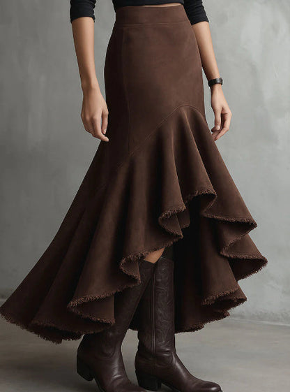 Western Brown High-Low Eco Suede Ruffle Maxi Skirt Grayceful LLC