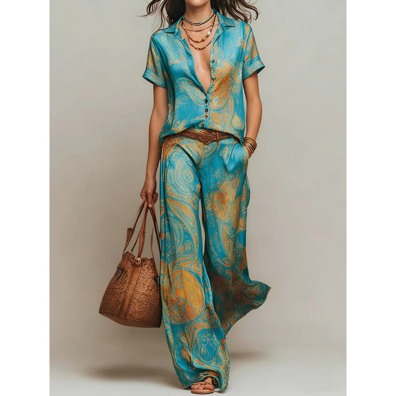 Women's Bohemian Printed Resort Two-Piece Set – 3/4 Sleeve Shirt & Pants FitiqueFit