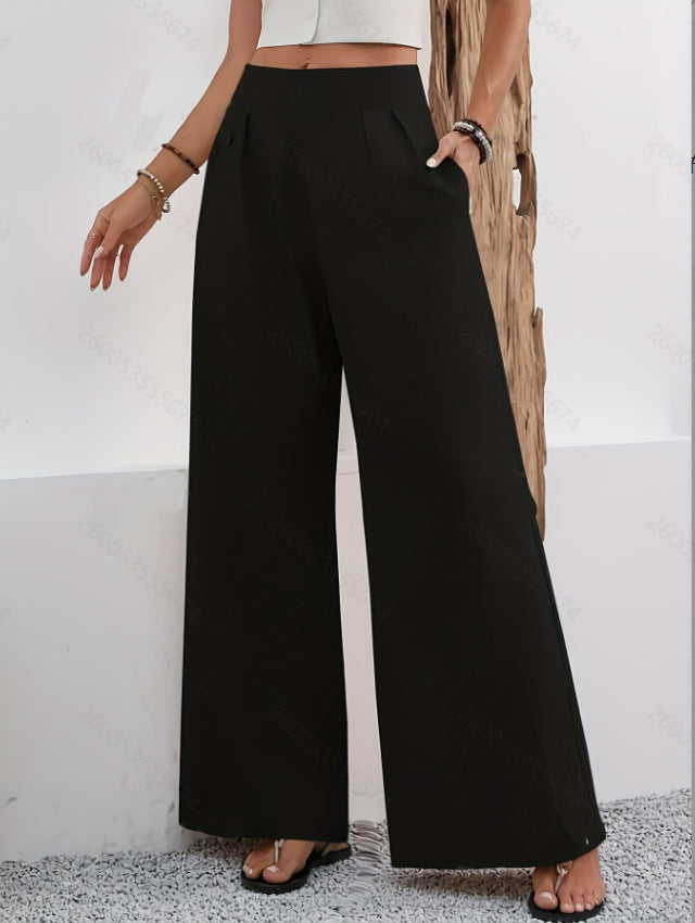 Women's High-Waist Wide-Leg Trousers with Pockets – Full Length FitiqueFit