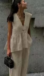 Women’s Cotton V-Neck Sleeveless Vest and Wide-Leg Pants Set FitiqueFit