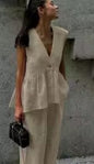 Women’s Cotton V-Neck Sleeveless Vest and Wide-Leg Pants Set FitiqueFit