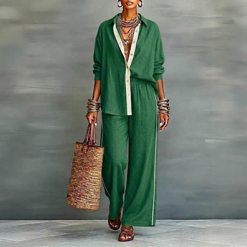 Contrast-Color Long-Sleeve Shirt & Pants Set – Two-Piece FitiqueFit