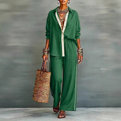 Contrast-Color Long-Sleeve Shirt & Pants Set – Two-Piece FitiqueFit