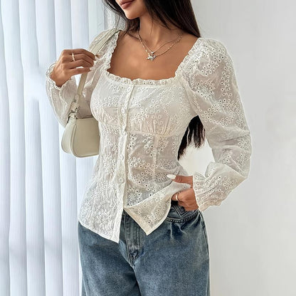 Women’s Square Neck Eyelet Lace Blouse – Puff Sleeve Hollow-Out Button Top FitiqueFit
