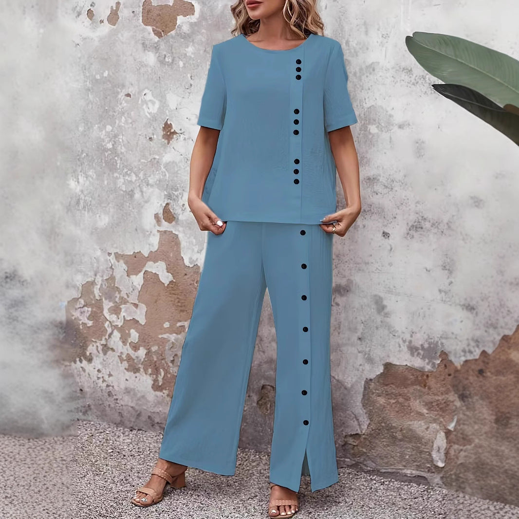 Women’s Button-Up Top and Loose Fit Two Piece Linen Set FitiqueFit