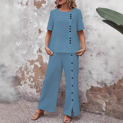 Women’s Button-Up Top and Loose Fit Two Piece Linen Set FitiqueFit