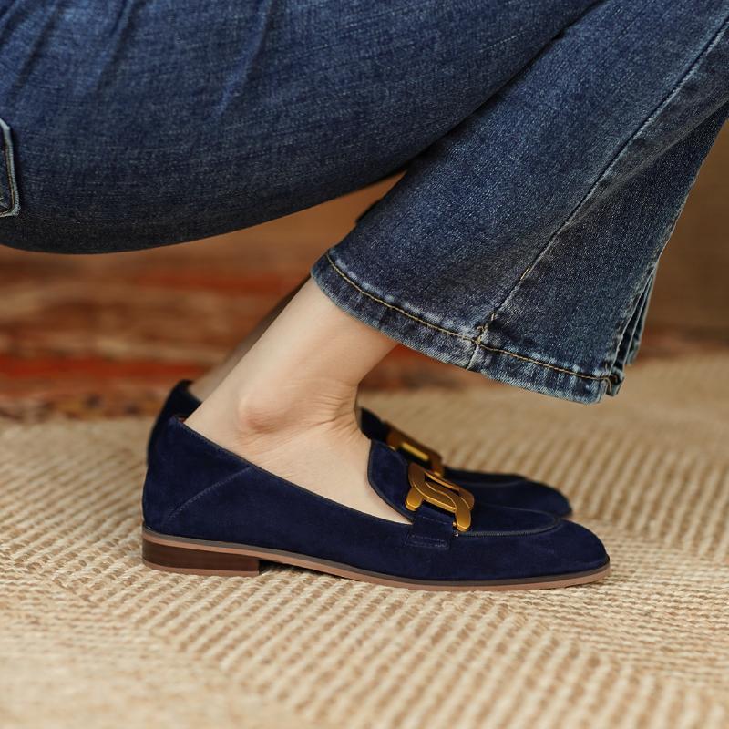 Women's Retro Metal Buckle Suede Loafers – Platform Chunky Heel Slip-On FitiqueFit
