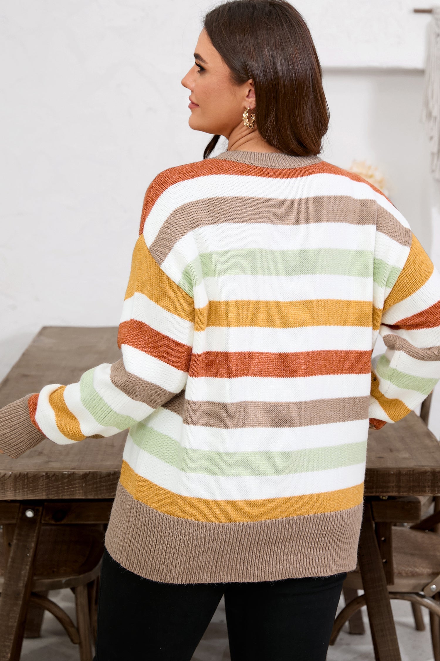 Multicolour Striped Colorblock Drop Shoulder Plus Size Sweater Garden Naked Curves