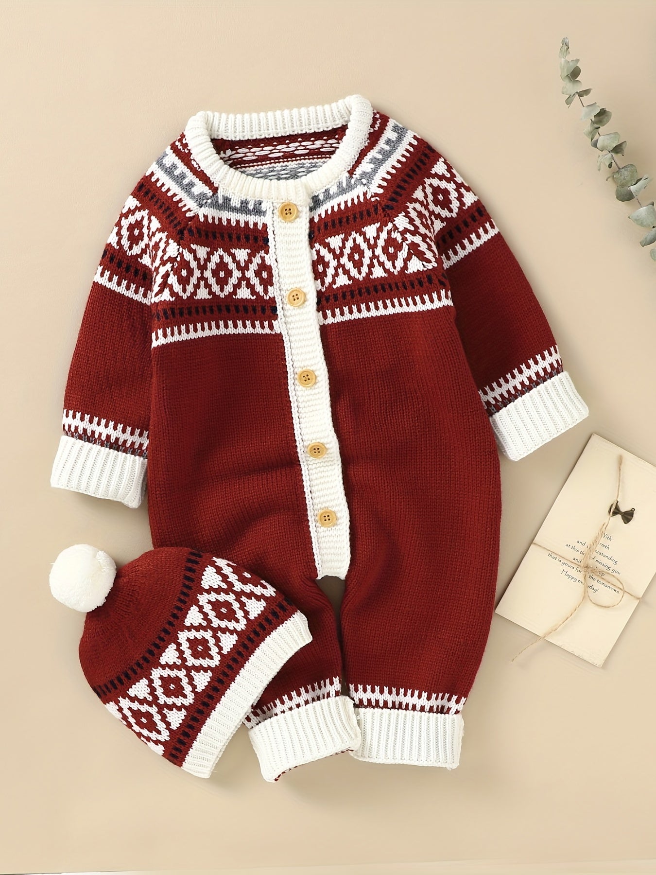 Newborn Infant Geometric Pattern Sweater Romper Long Sleeve Button Jumpsuit & Hat For Toddler Baby Boys And Girls, Suitable For Indoor And Outdoor Wear NovaCart