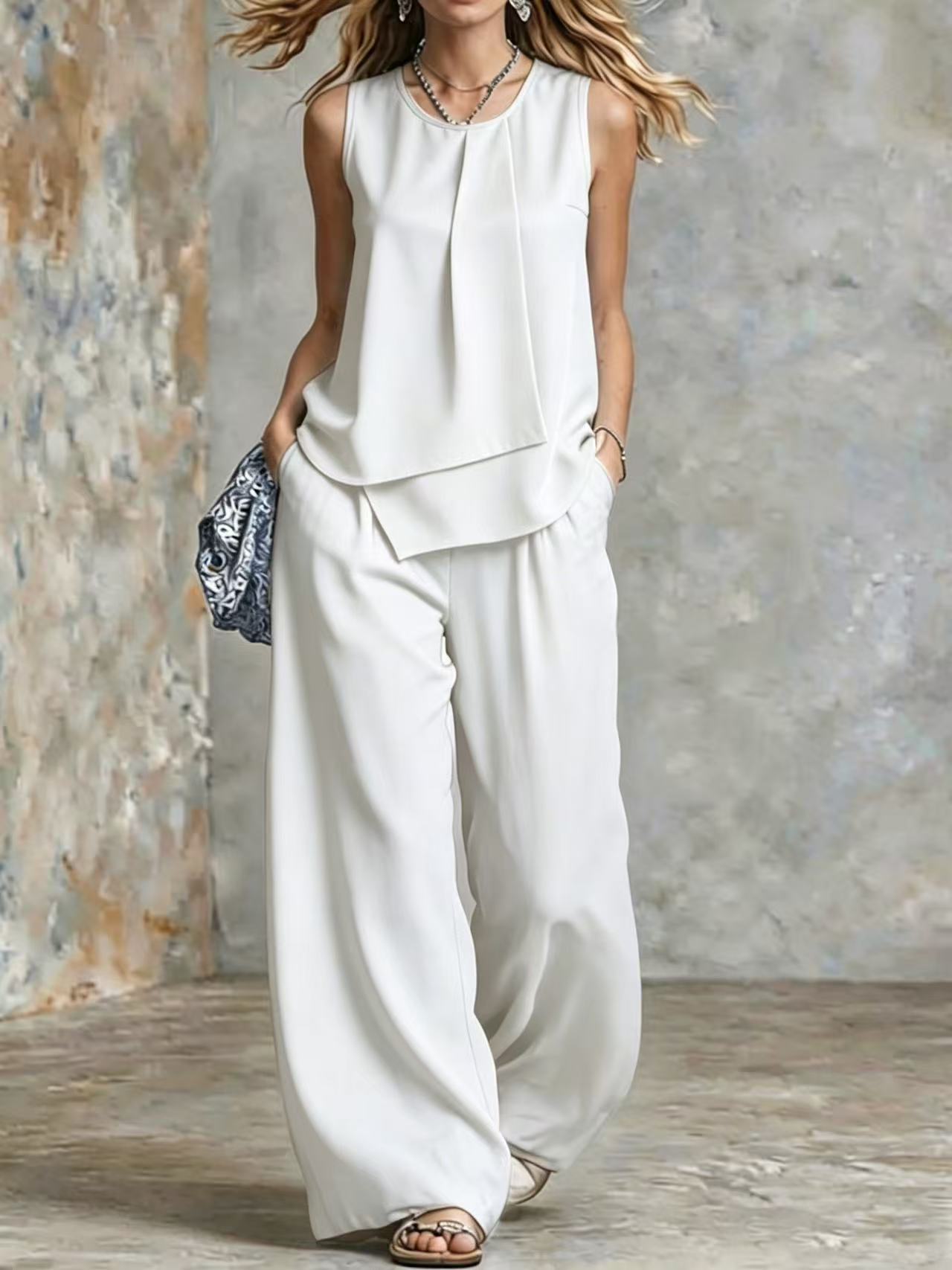 Women's Sleeveless Two-Piece Set – Solid Color Wide-Leg Pants & Top FitiqueFit