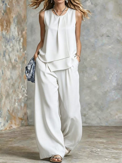 Women's Sleeveless Two-Piece Set – Solid Color Wide-Leg Pants & Top FitiqueFit