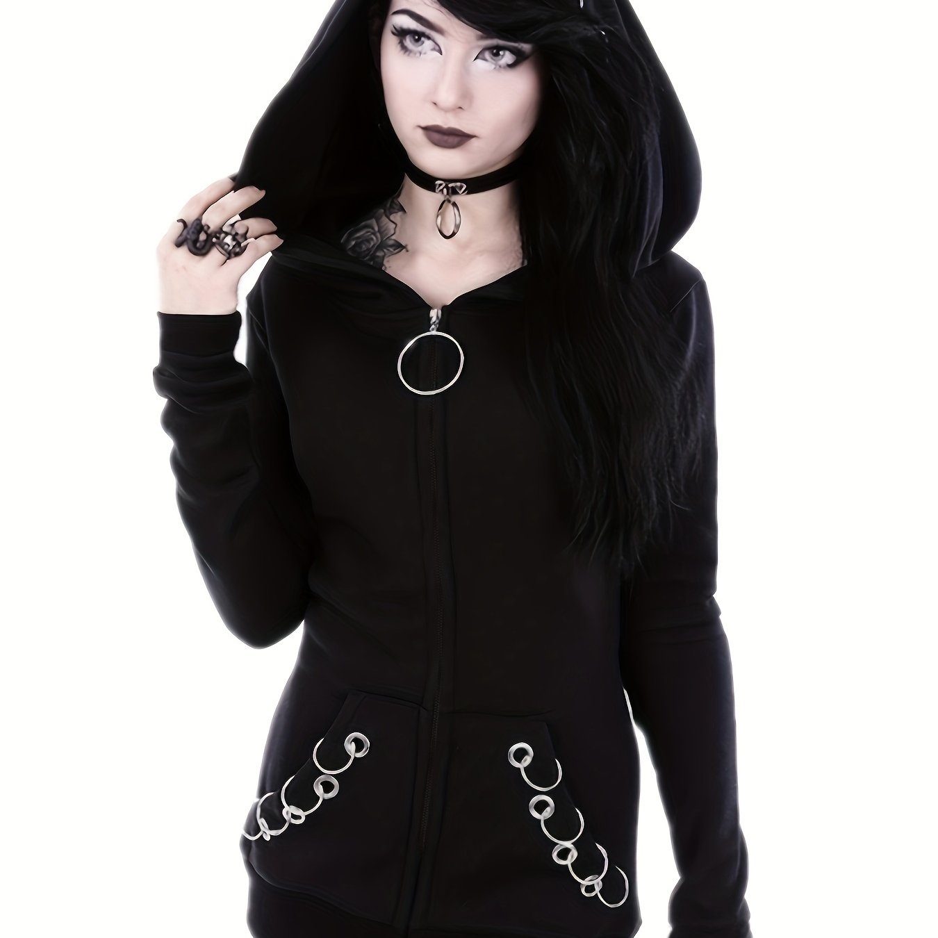 Solid Color Hooded Sweater with Ring Accent - Casual Round Neck Pullover, Medium Elasticity All-Season Sweaters for Layering, Machine Washable Sweaters for or Weekend Outfits (Compatible with Dresses) NovaCart