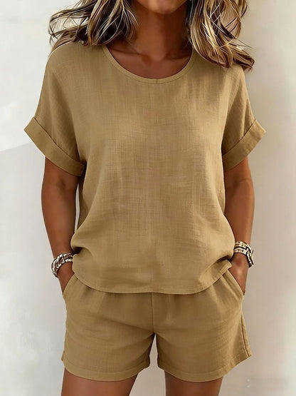 Solid-Color T-Shirt & Shorts Set – Cotton Linen, 10 Colors FitiqueFit