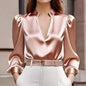 Women’s Satin V-Neck Long Sleeve Top – Slim Fit Solid Color Blouse FitiqueFit