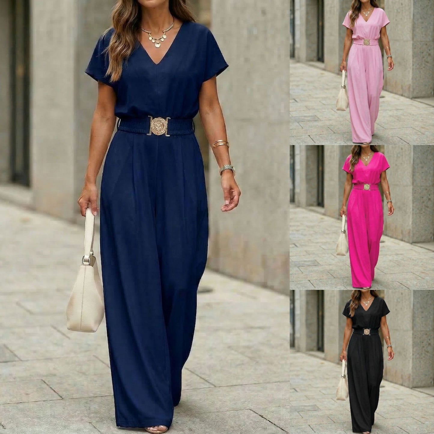 Women's V-Neck Belted Wide-Leg Jumpsuit FitiqueFit