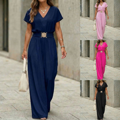 Women's V-Neck Belted Wide-Leg Jumpsuit FitiqueFit