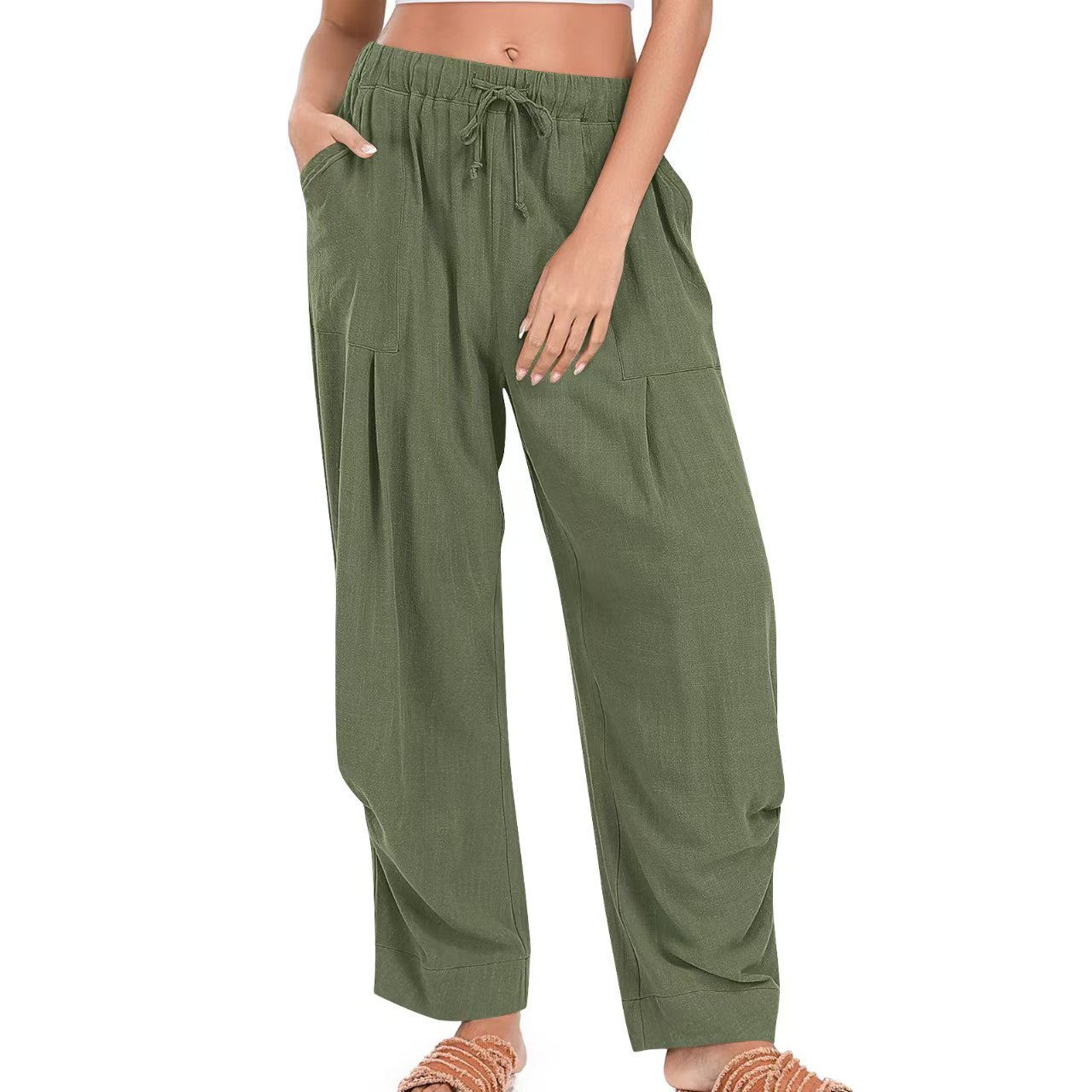 Womens Solid-Color Cotton-Linen Casual Loose Straight Pockets Lounge Pants With Drawstring See size chart under “more details” The Fashion Celestial