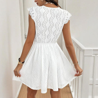 Women’s V‑Neck Short‑Sleeve Dress with Lace Trim FitiqueFit