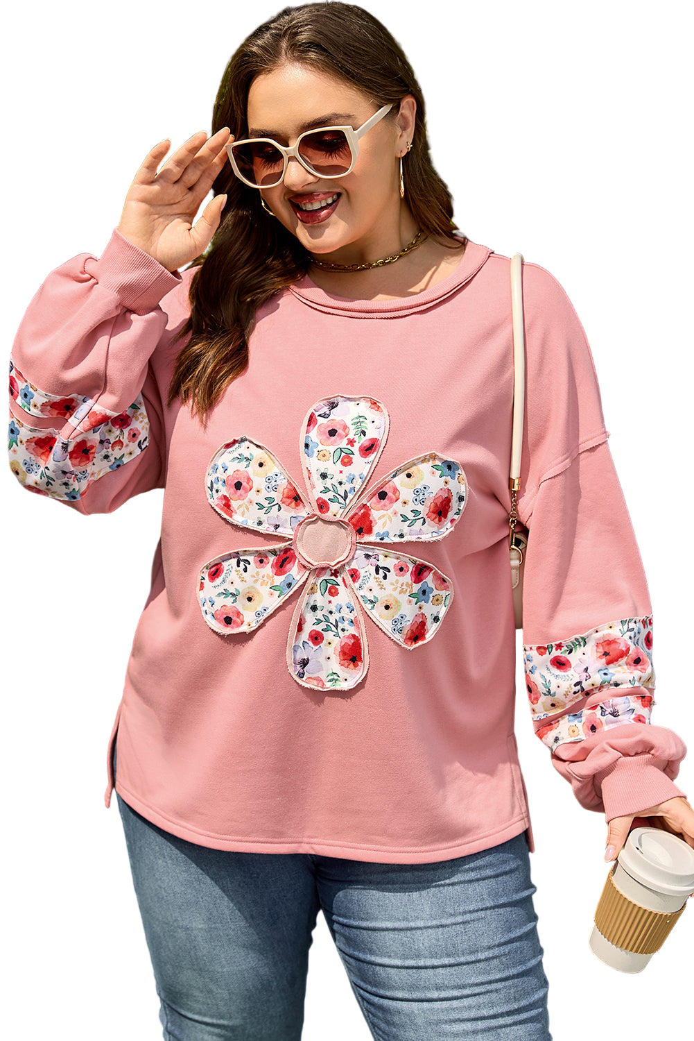 Peach Blossom Plus Size Floral Applique Drop Shoulder Sweatshirt Garden Naked Curves