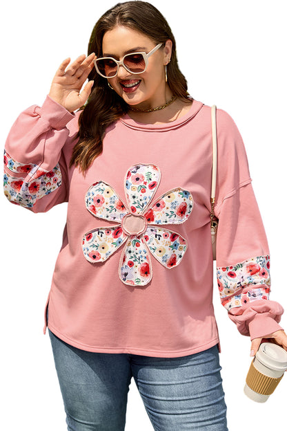 Peach Blossom Plus Size Floral Applique Drop Shoulder Sweatshirt Garden Naked Curves