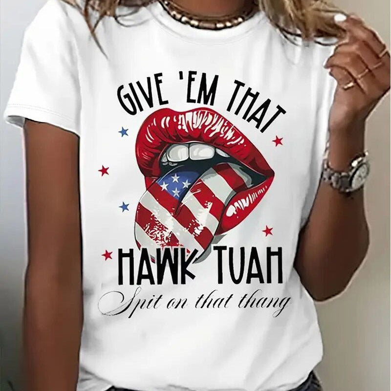 Women's Round Neck American Flag Lips & Stars Print Summer Top FitiqueFit