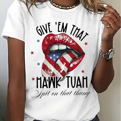 Women's Round Neck American Flag Lips & Stars Print Summer Top FitiqueFit