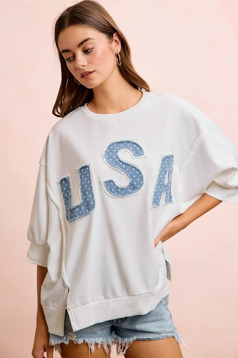 BiBi 4th Of July Usa Letter Patchwork French Terry Top New Era Fashion LLc